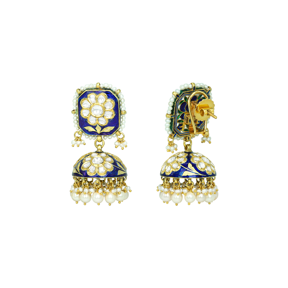 Blue Meena Polki Floral Jhumkas with Pearls